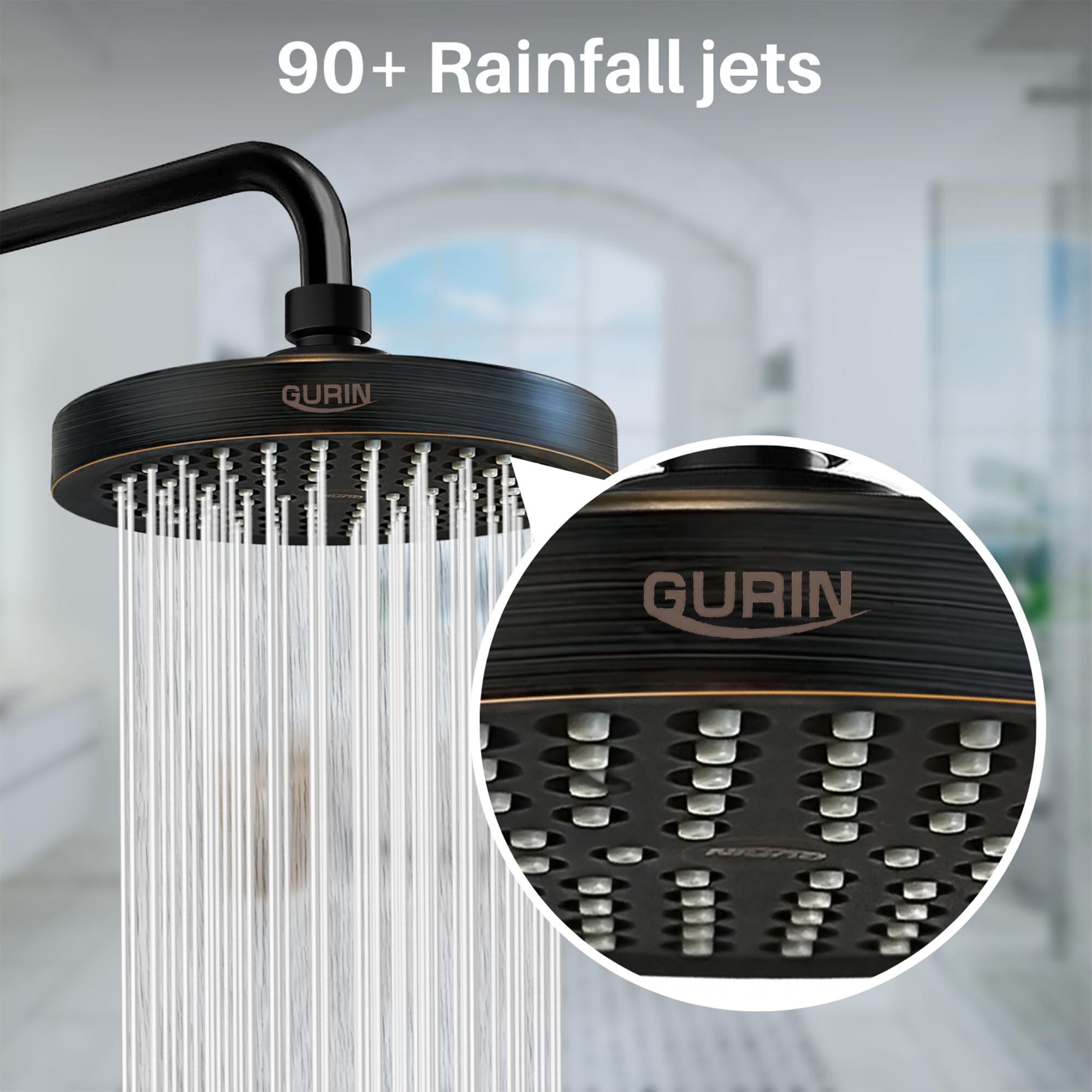 GURIN anti-clogging silicone nozzle system ensures consistent water flow even with hard water.