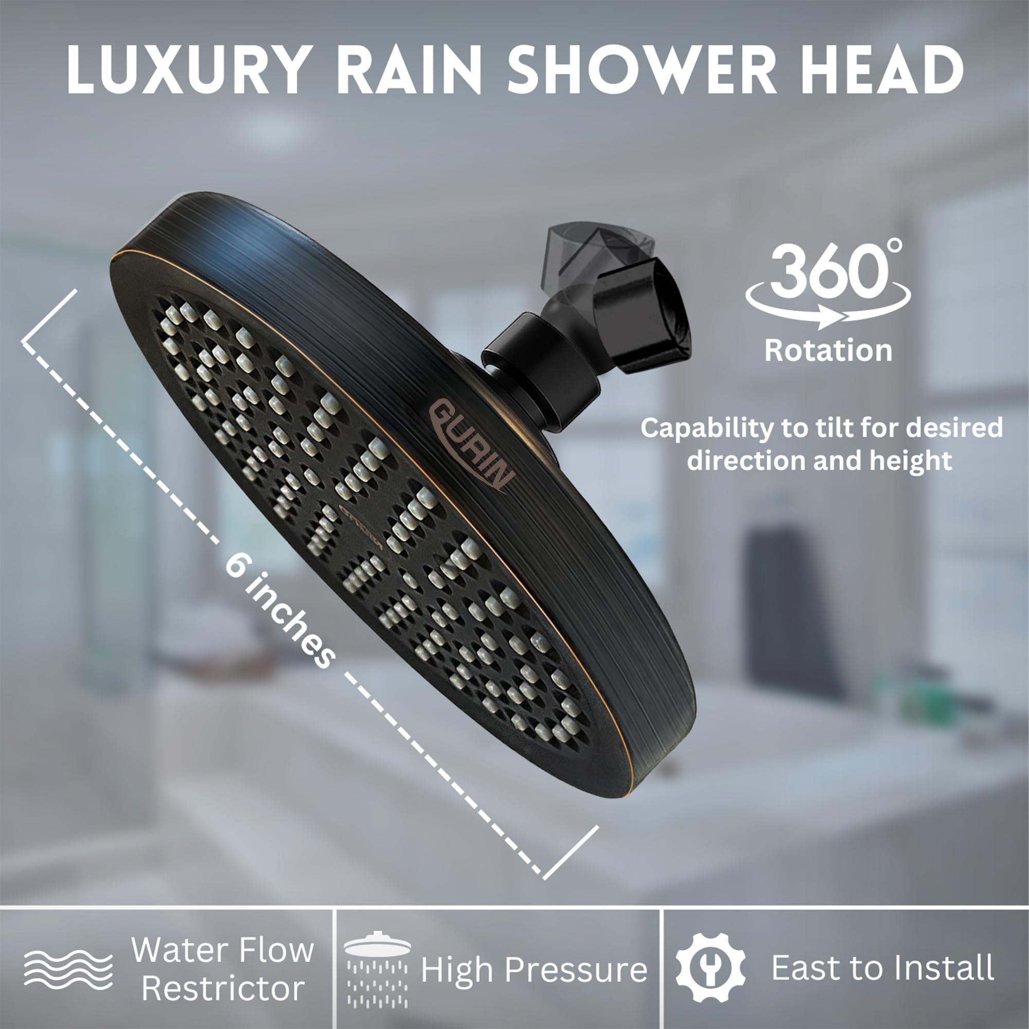 GURIN shower head delivers efficient 1.8 GPM flow for savings and strong spray.