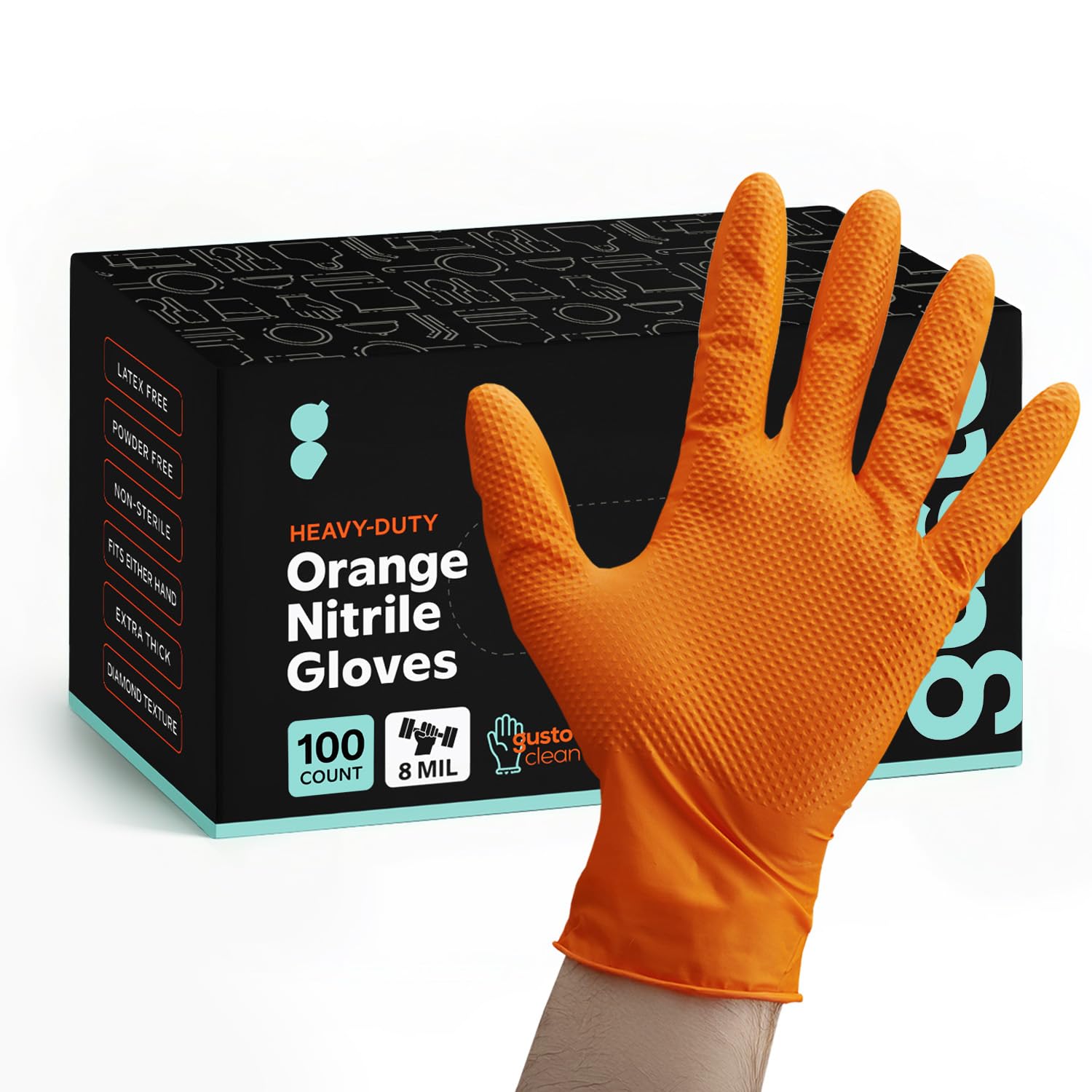 GUSTO orange nitrile gloves box highlighting 8 mil durability and 100-count packaging.