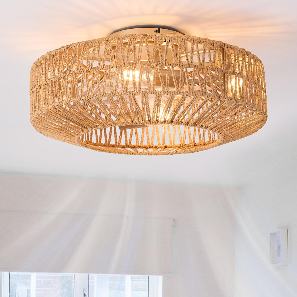 Gutenliter woven rattan cage ceiling fan light adds ambient illumination