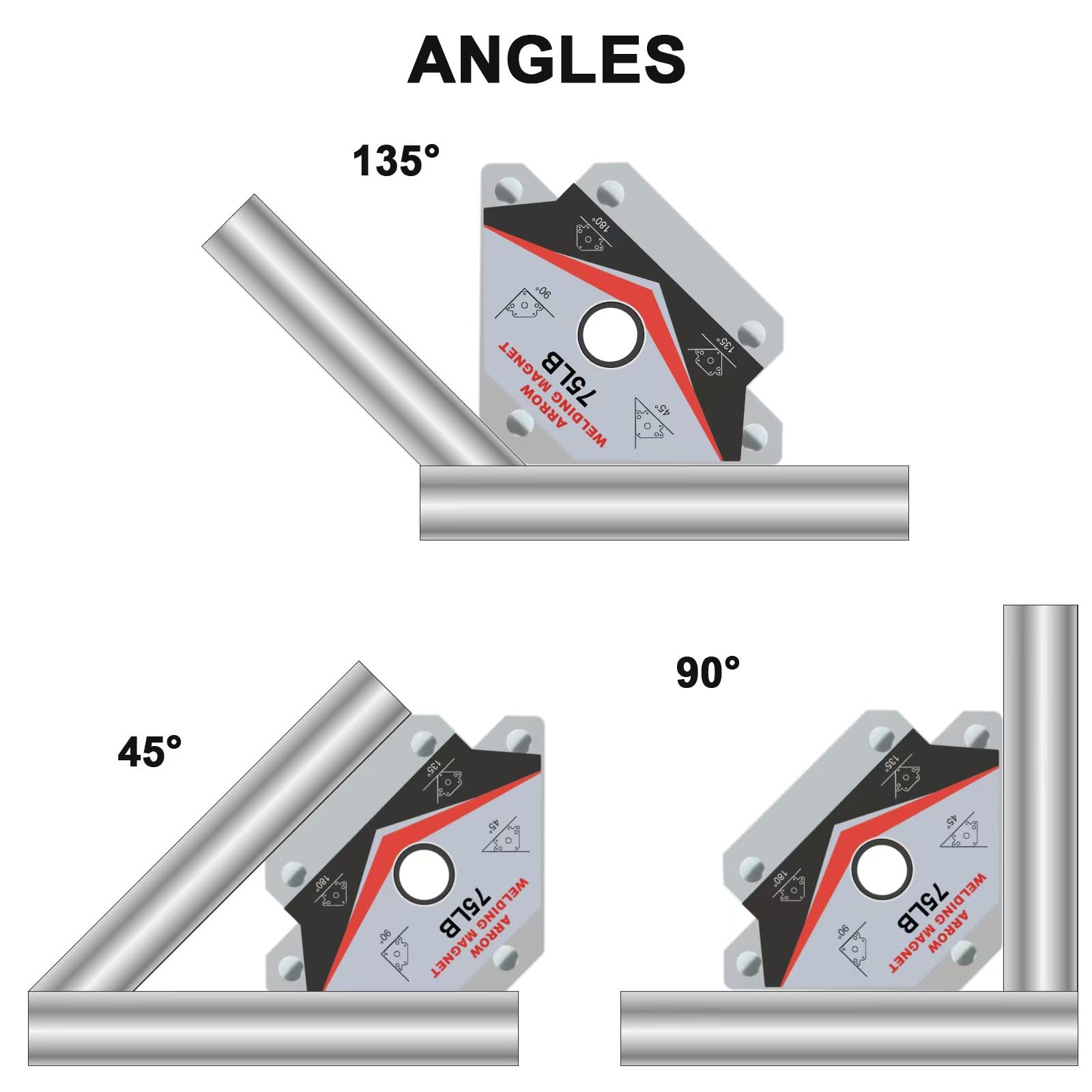 Guti-More welding magnet arrow at 135-degree angle for versatile positioning.