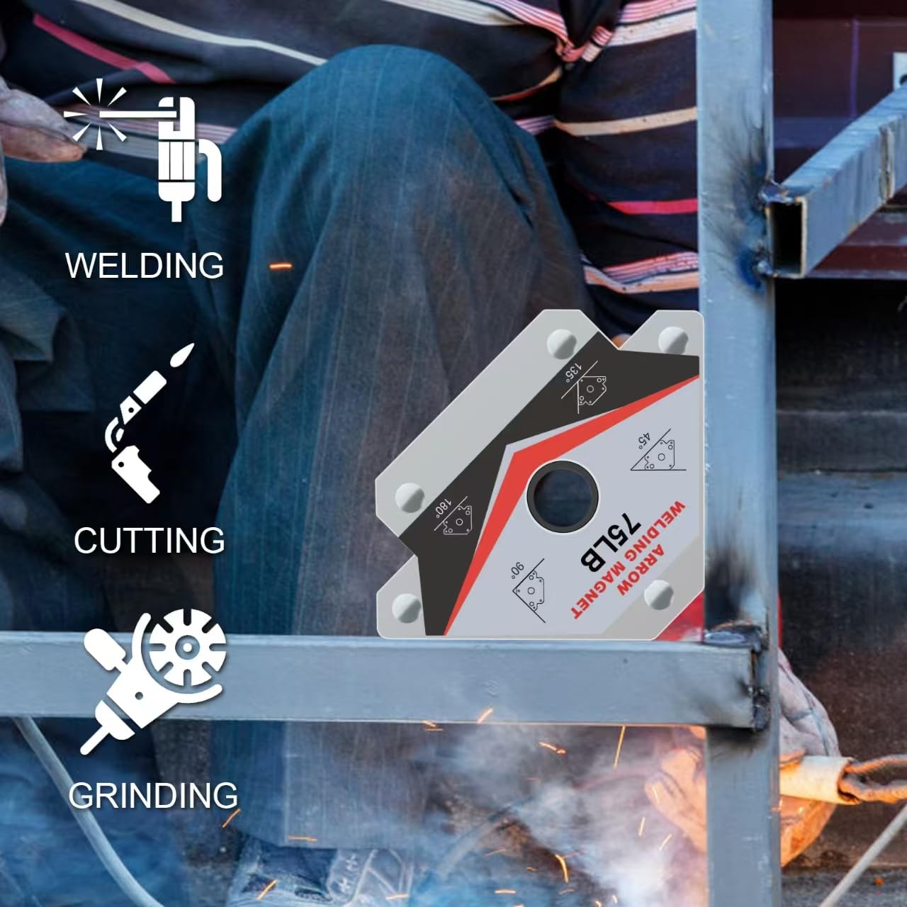 Guti-More welding magnet arrow at 45-degree angle supports ergonomic setup.