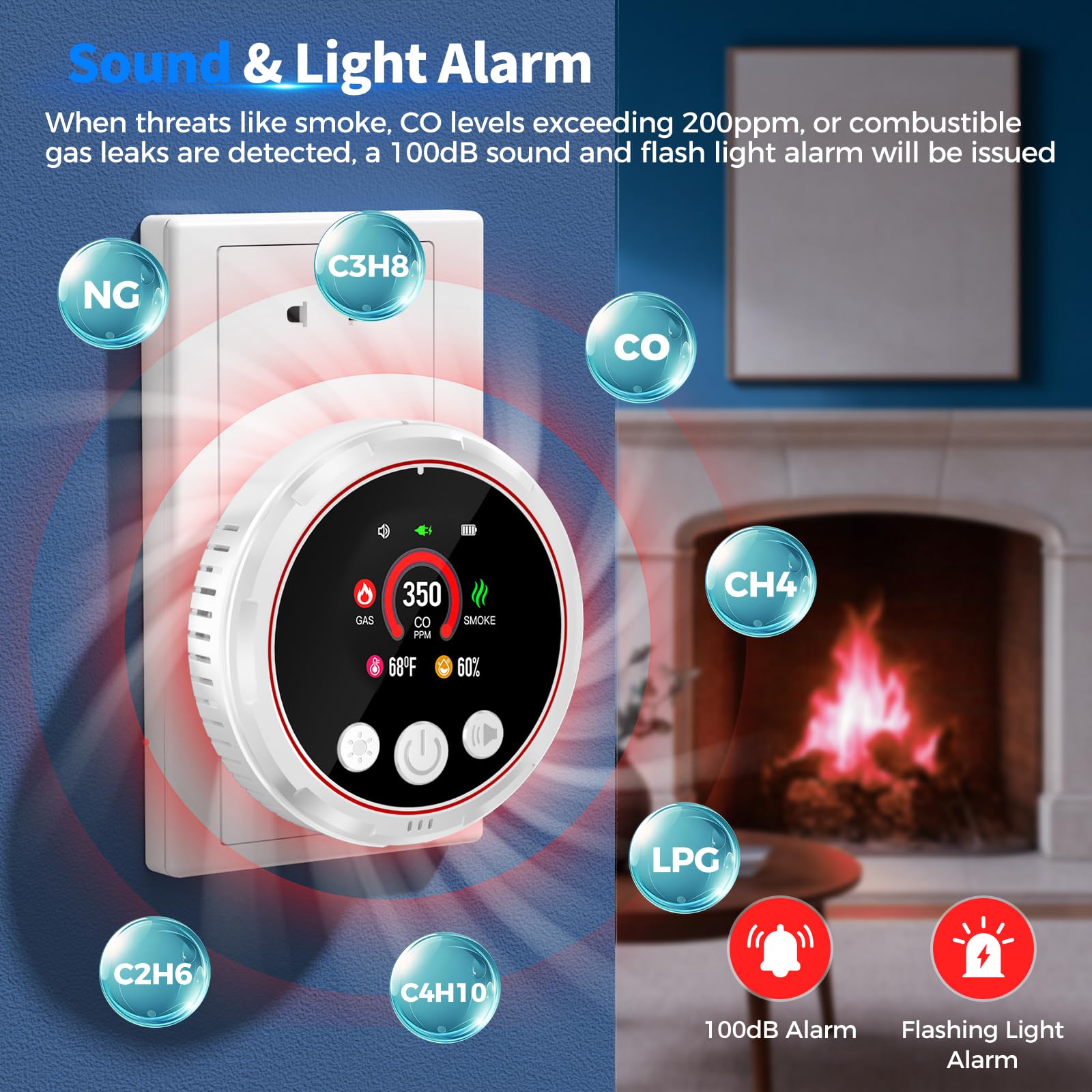 Gutong 100dB alarm with flashing light for immediate danger notification.
