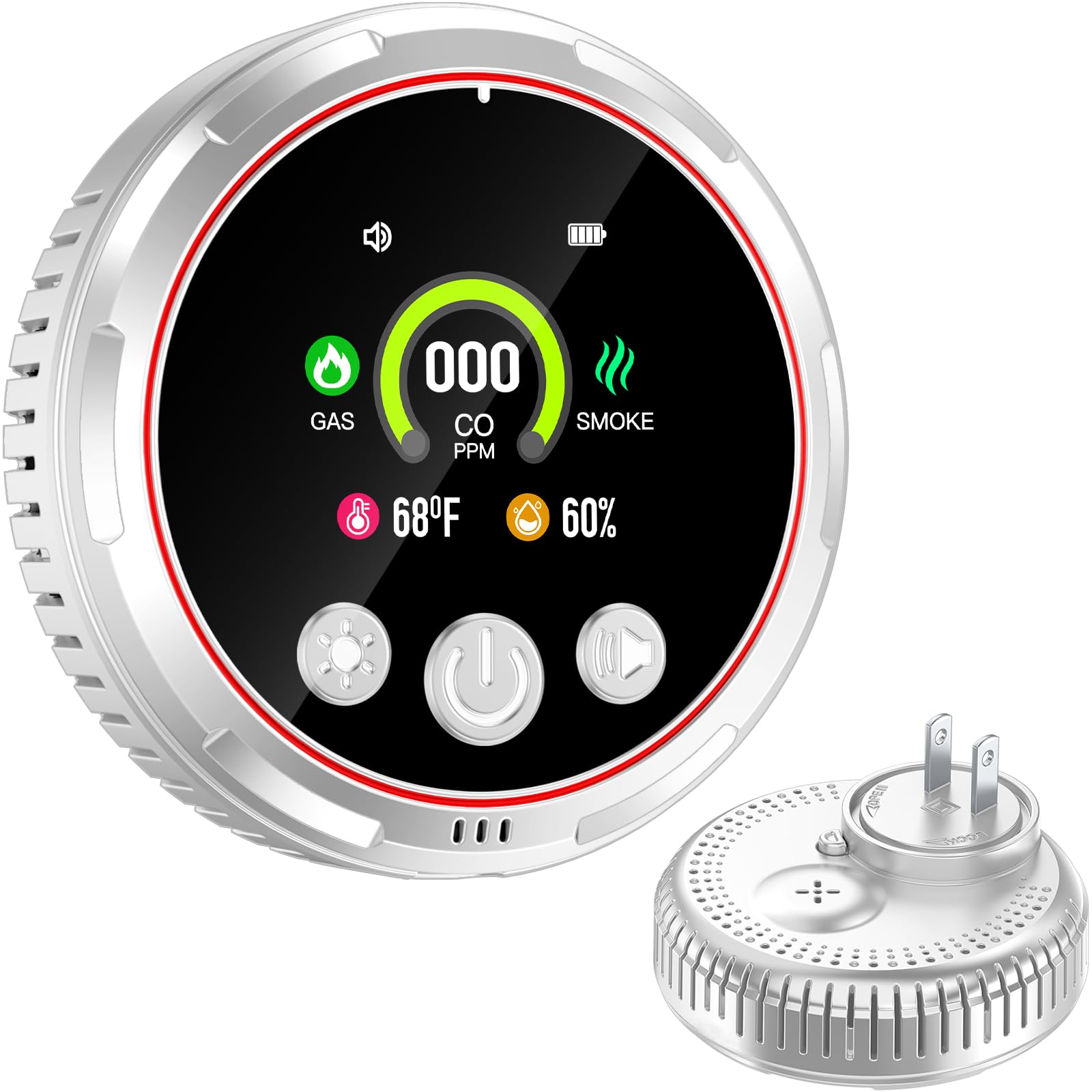 Gutong 5-in-1 detector with plug-in design for real-time smoke and CO monitoring at home.