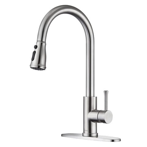 GUUKAR kitchen faucet with pull-down sprayer in brushed nickel for versatile sink reach
