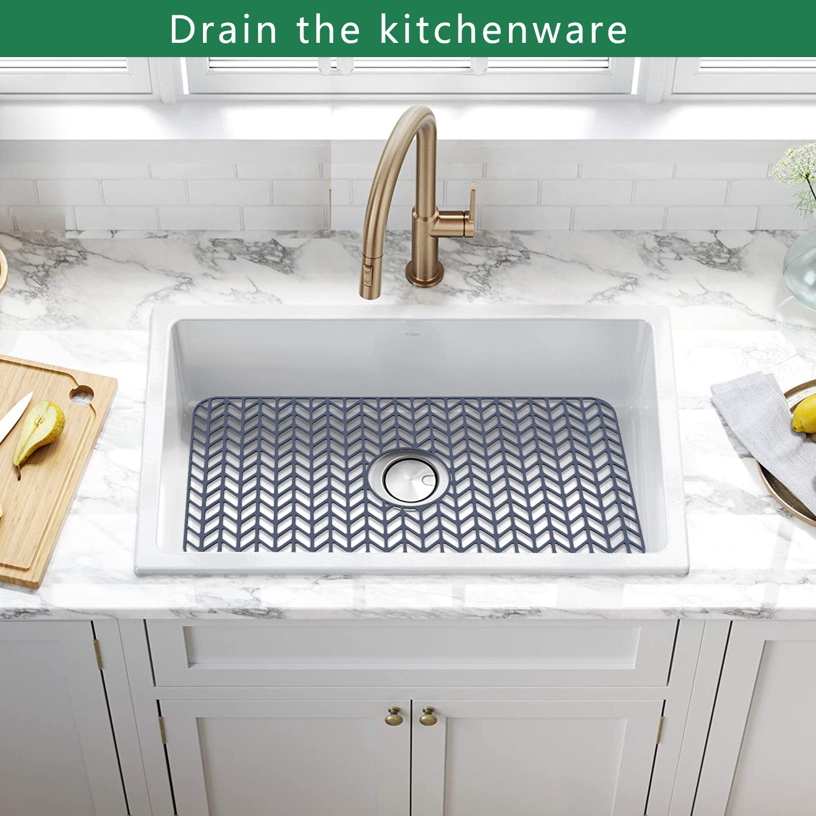 GUUKIN center drain sink mat clarifies drainage by elevating items