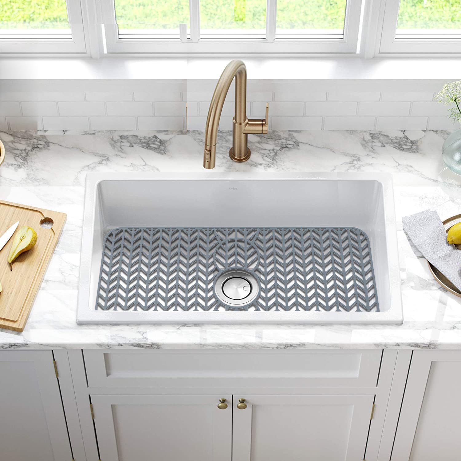 GUUKIN grey sink protector guards dishes and protects porcelain or steel.