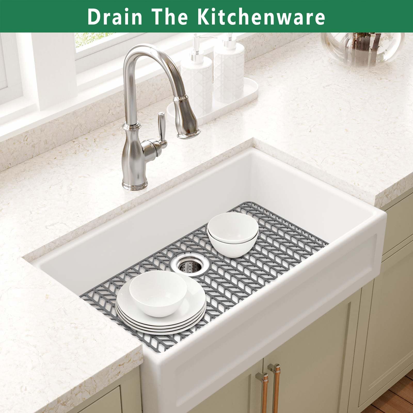 GUUKIN elevated water flow mat promotes drying and keeps dishes off the sink bottom
