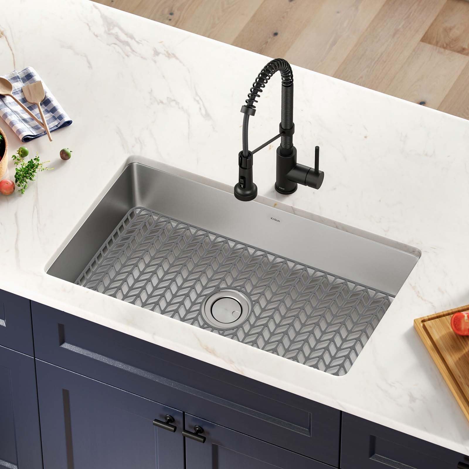 GUUKIN grey mat blends with farmhouse sinks and modern kitchens.