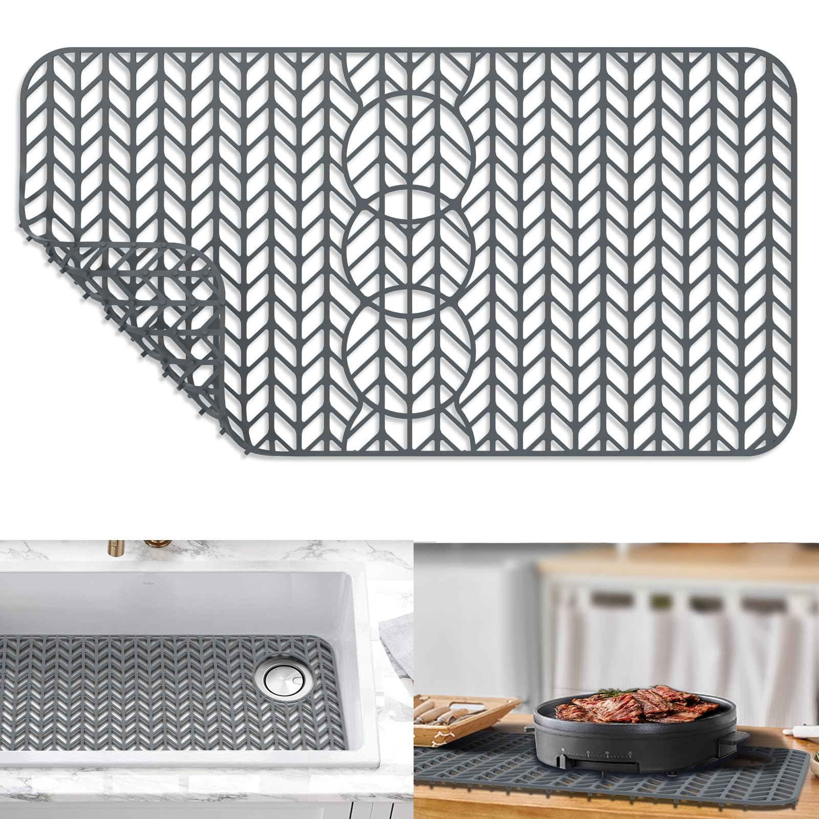 GUUKIN grey grid silicone sink mat protecting sink bottom and aiding drainage.