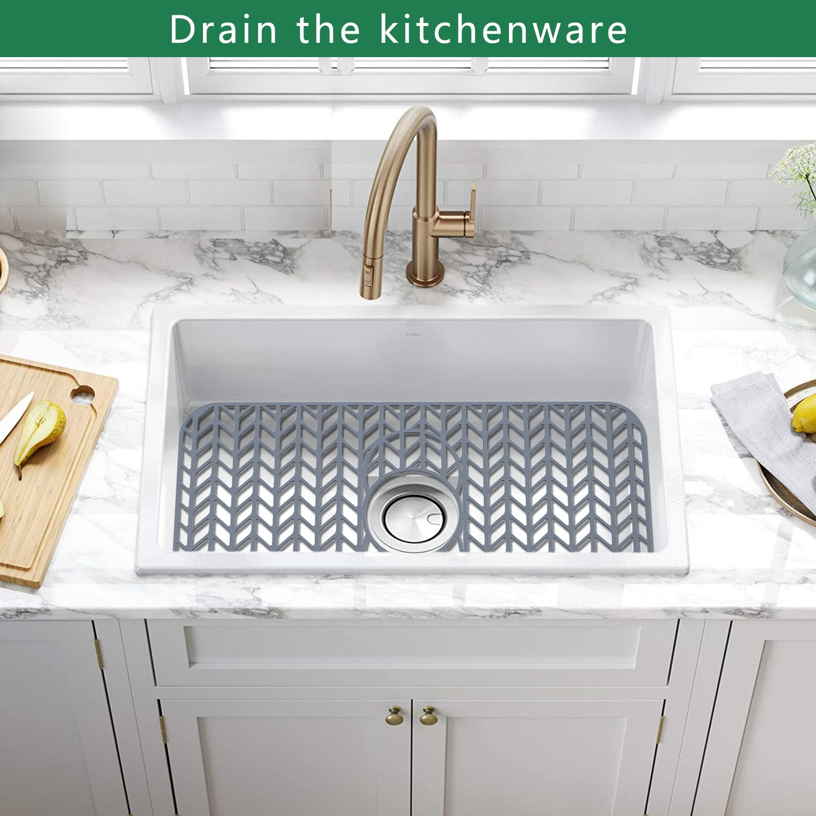 GUUKIN 28x14 silicone mat reduces clutter while protecting the sink surface