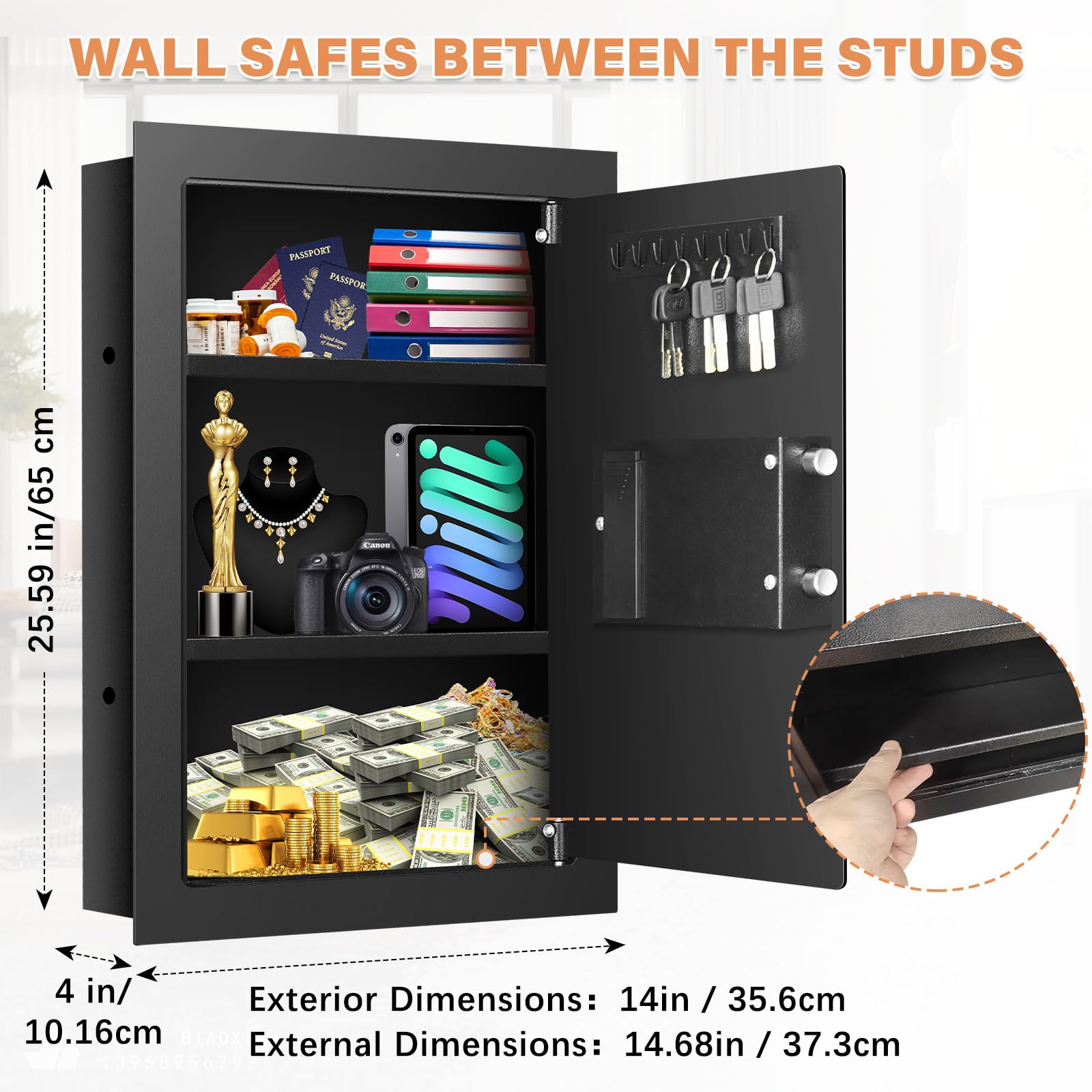 GUVELI flush-mount behind-art demonstrates discreet storage for valuables.