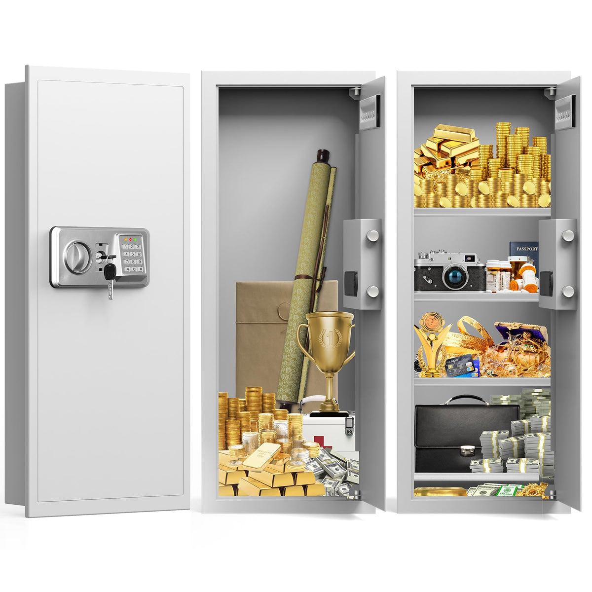 GUVELI white in-wall safe between studs 33-46in height for discreet storage.