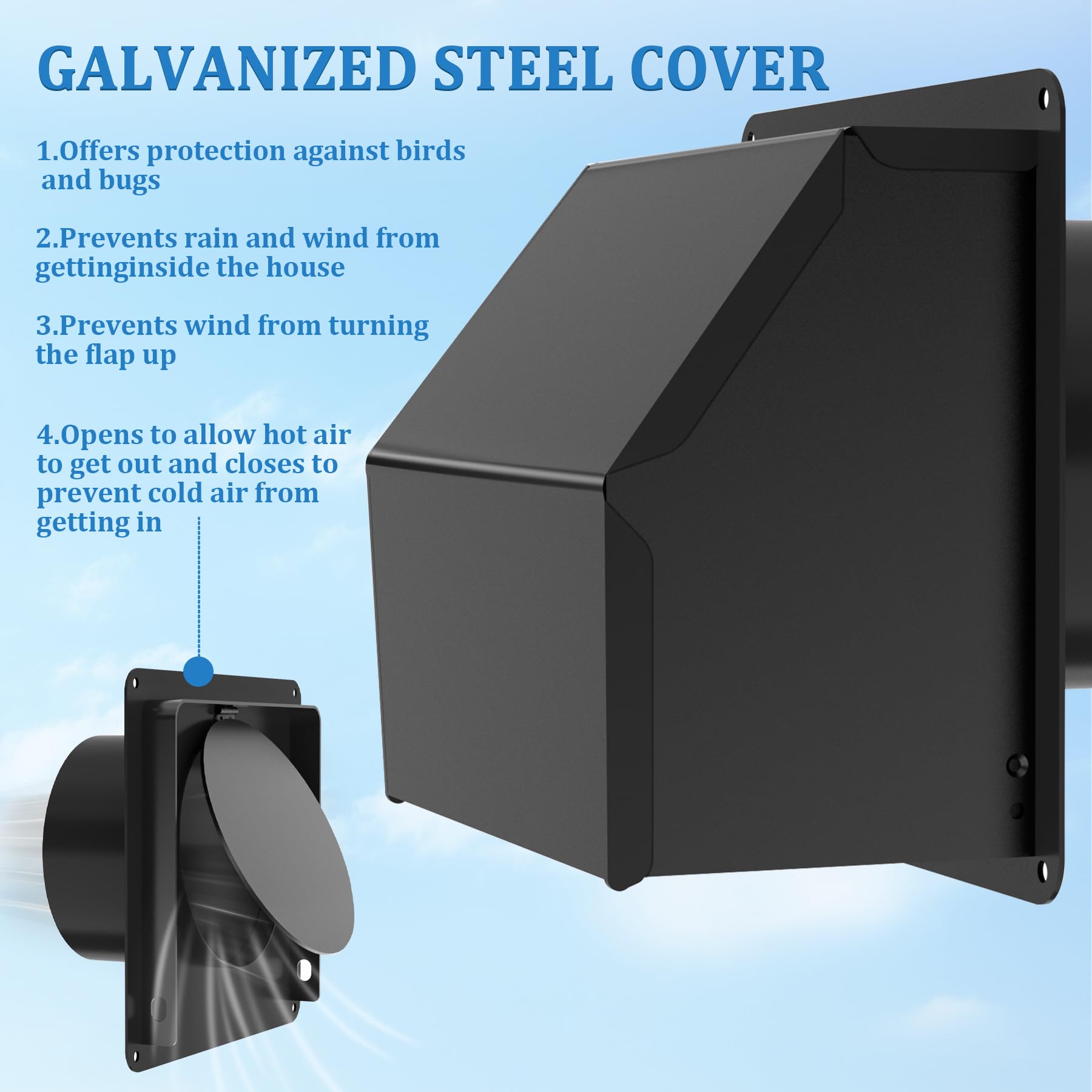 Guweta weather-resistant vent cover protects the duct from birds and moisture