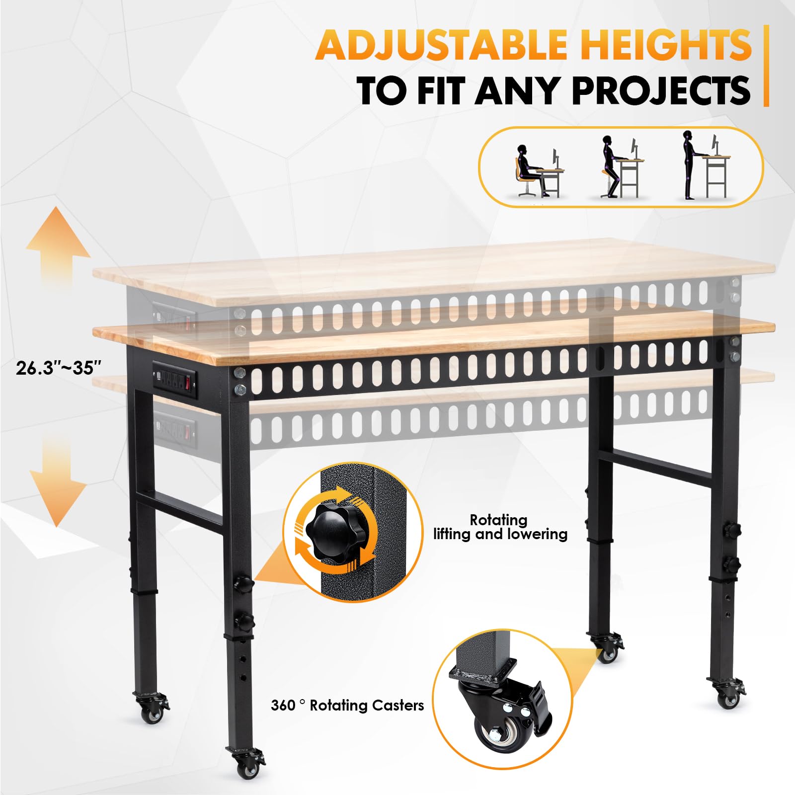 GVGBUK rubber wood top provides durable, smooth work surface.