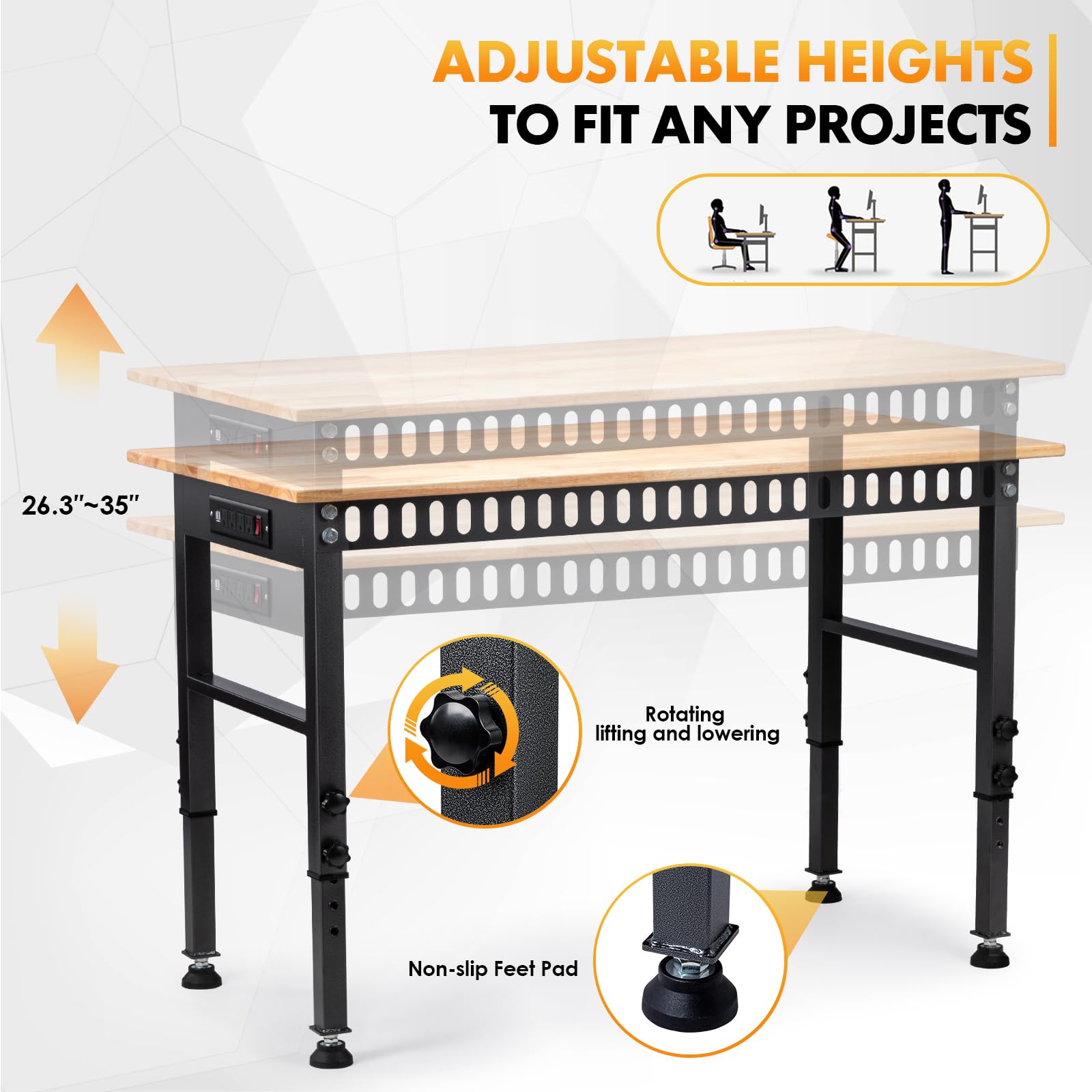 GVGBUK workbench front view with power outlets for convenient tool charging.