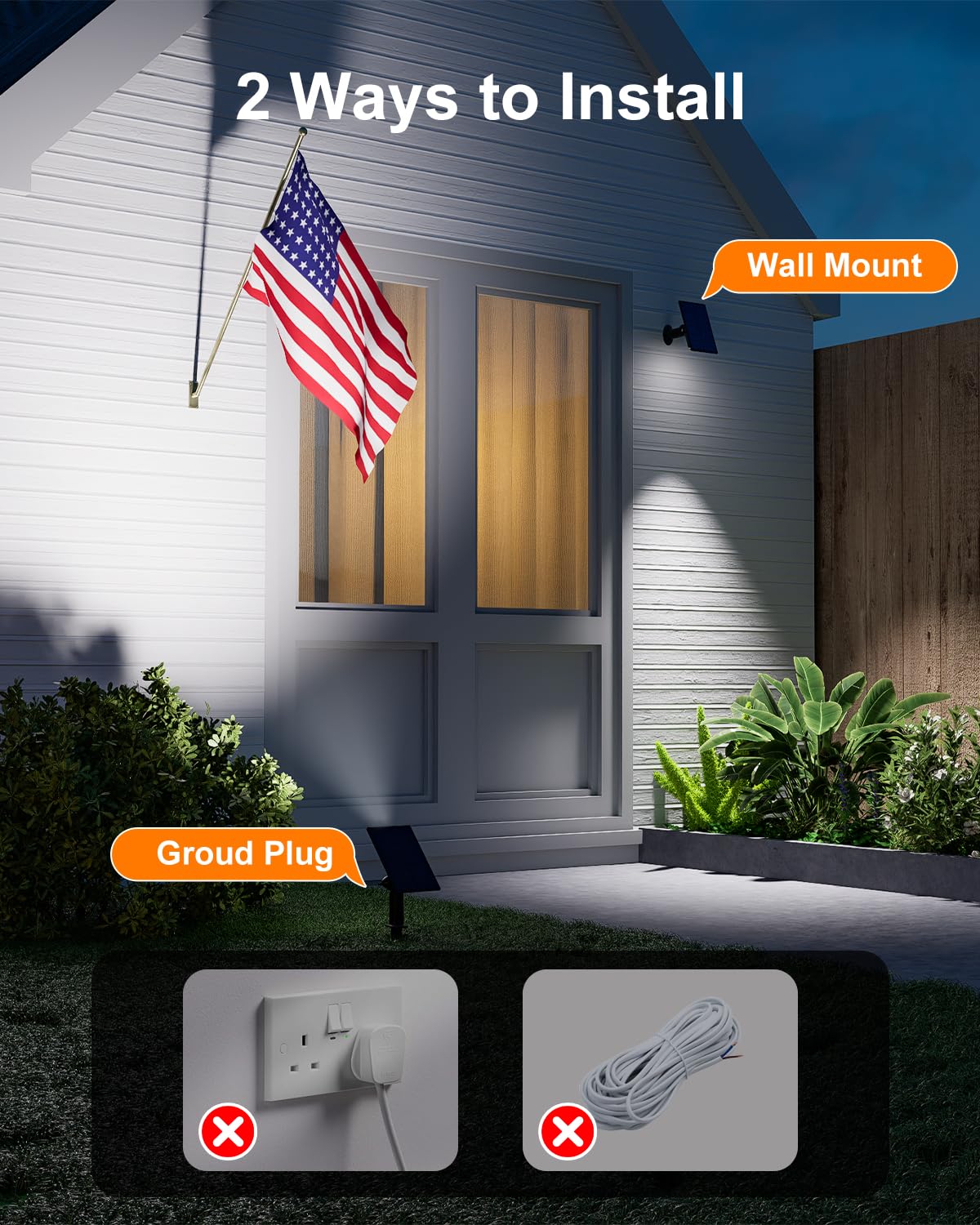 GVSHINE easy-installation options with ground stake and wall mounts for flexible setup