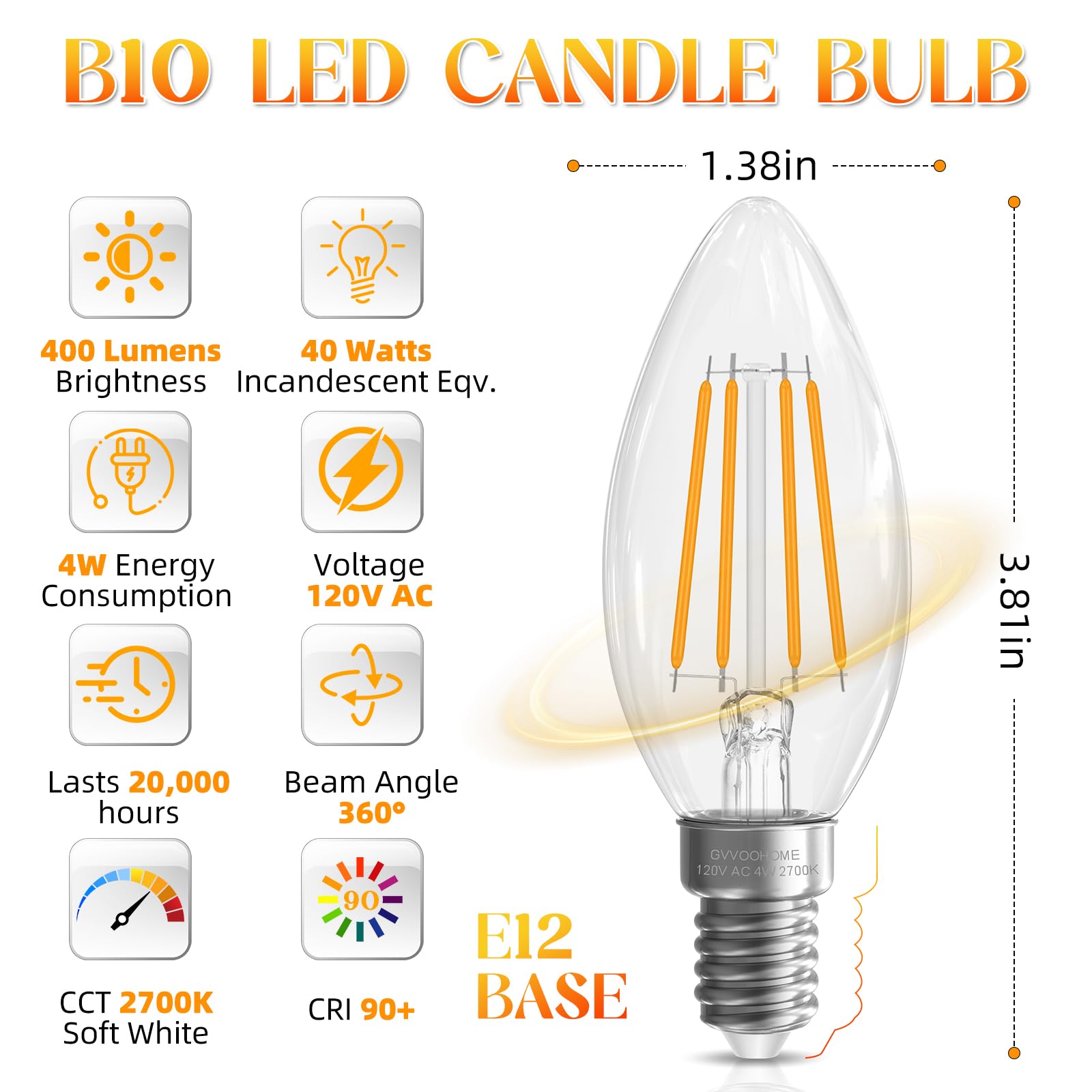 GvvooHome E12 bulb showing 40W-equivalent brightness at 400 lumens