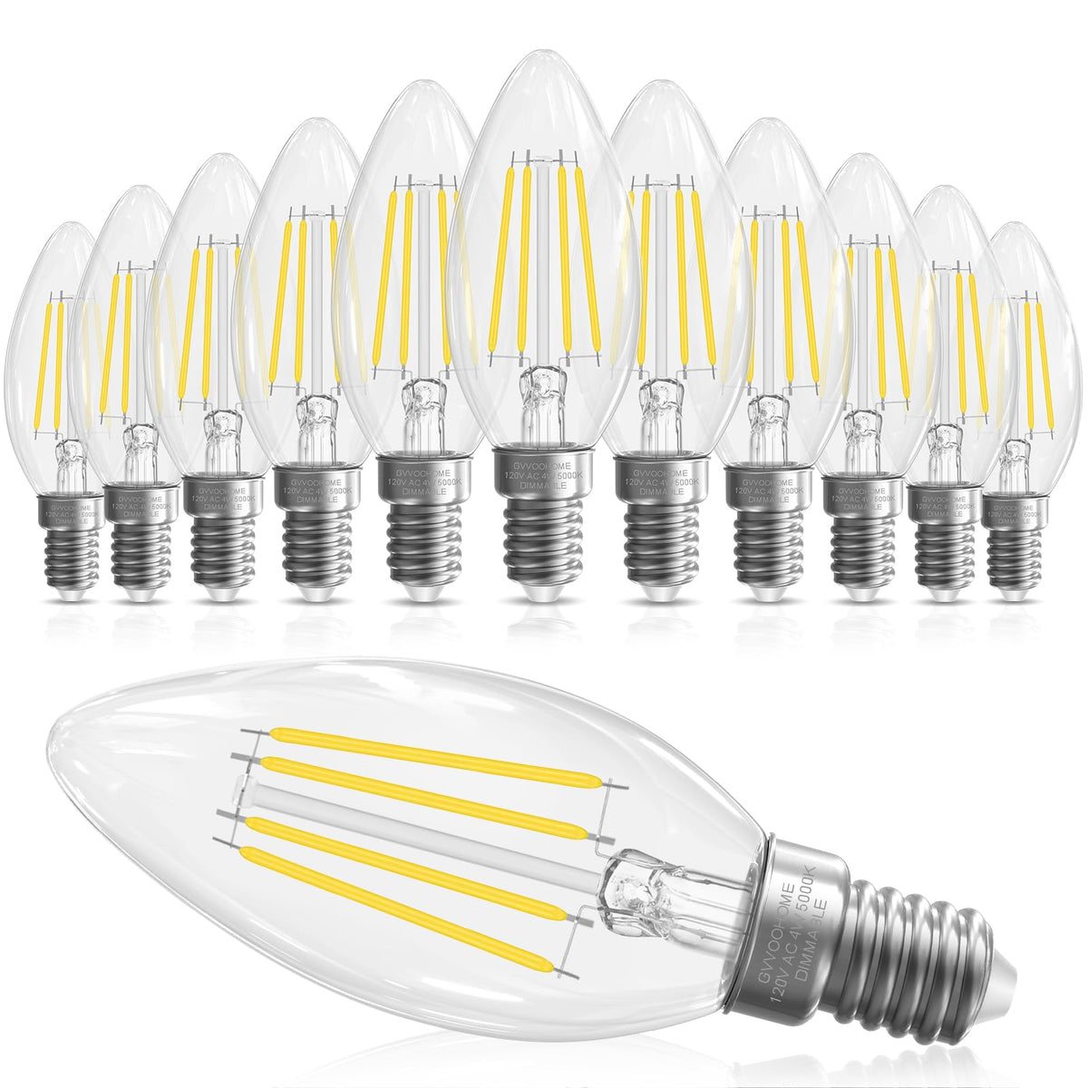GvvooHome E12 candle bulb showing 40W-equivalent brightness with clear glass filament