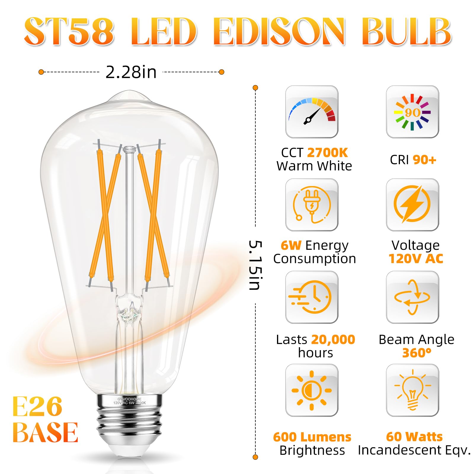GvvooHome Edison bulb in warm 2700K glow for cozy spaces.