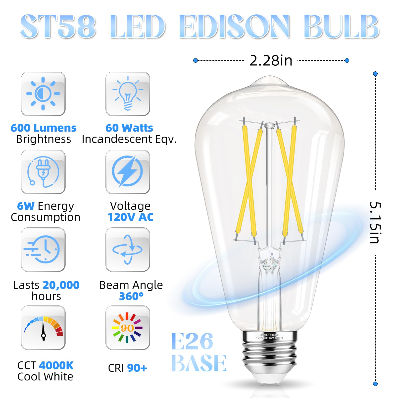 GvvooHome E26 base bulb ready for fixtures like pendants and chandeliers.