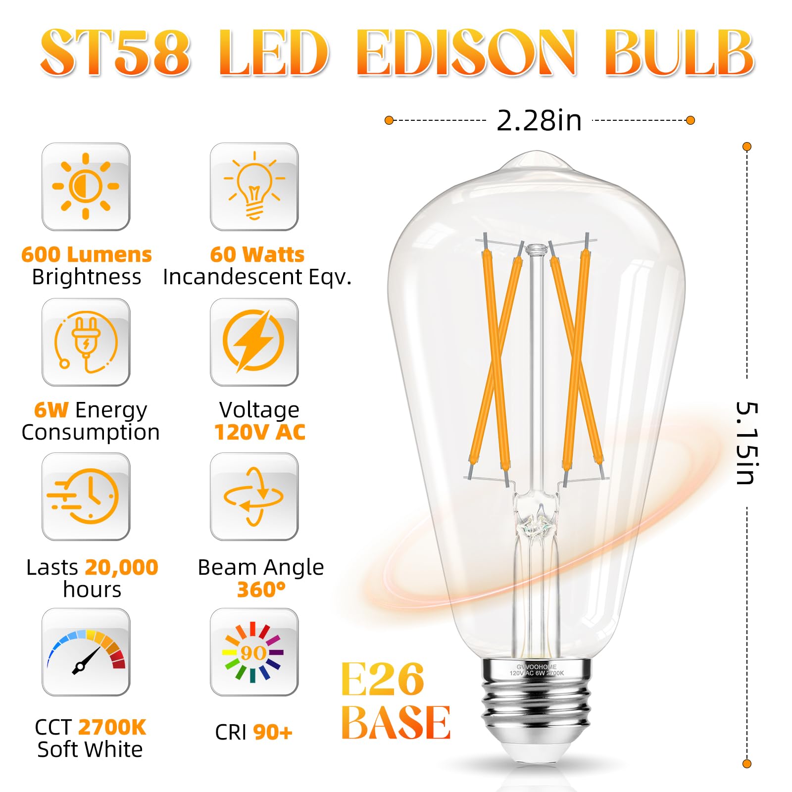 GvvooHome E26 bulb with 60W-equivalent warm glow for chandeliers.