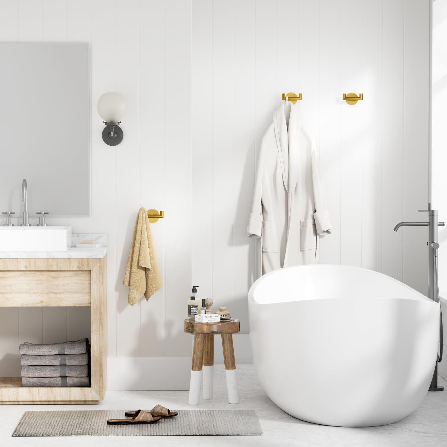 GWAAZXGZ brushed gold double hook wall-mount displays space-saving design.