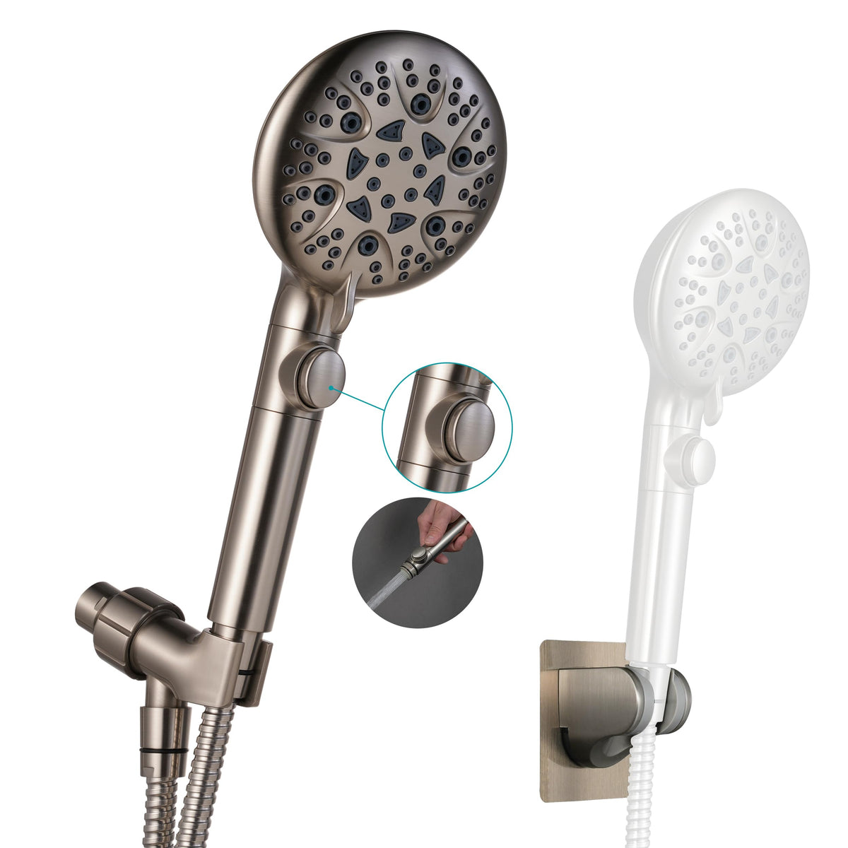 GwernKB brushed-nickel handheld shower head for precise spray control and comfort.