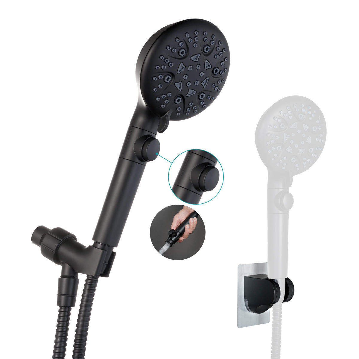 GwernKB handheld shower head black with eight modes for customizable showers.