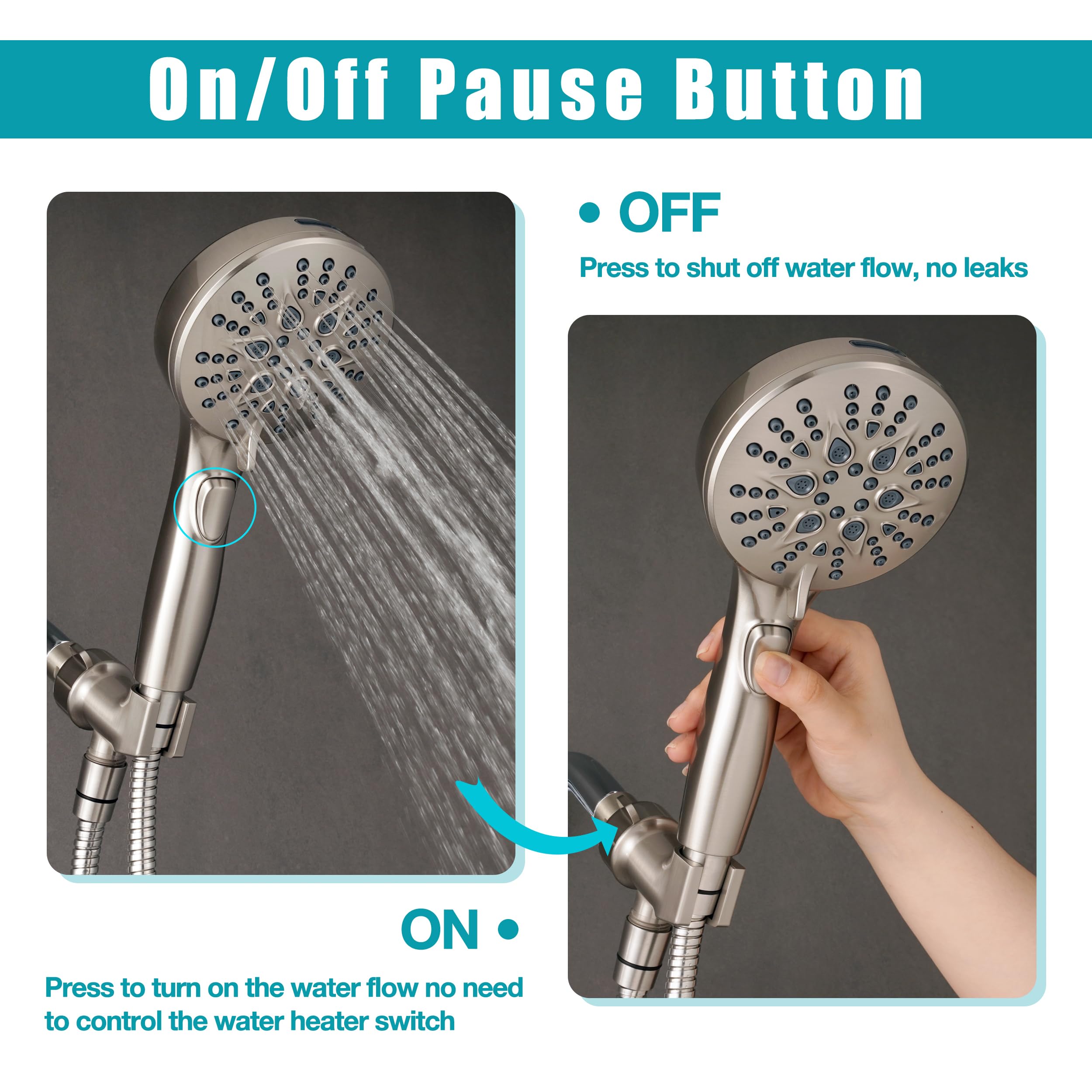 GwernKB handheld shower head featuring an on-off switch for instant control