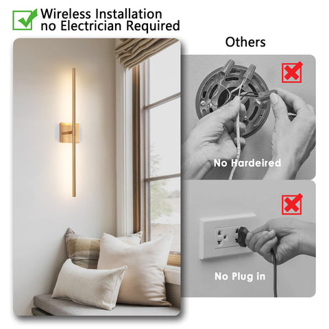 GWONER brushed gold wireless sconces provide cordless installation and stylish accent.