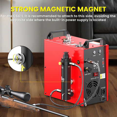 Magnetic mounting option demonstrates secure adhesion to the compressor surface.