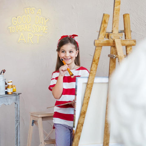 Gyaksjm Good Day neon sign-wall-mount shows simple setup with hooks and chain.