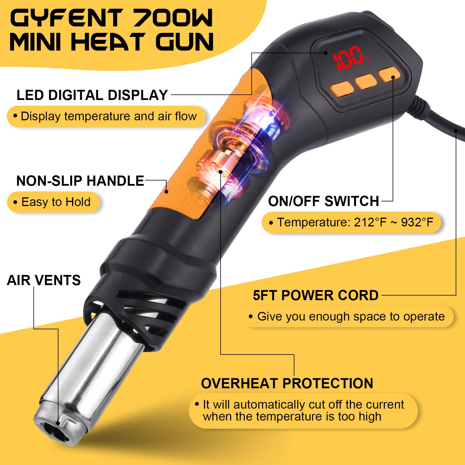 Gyfent heat gun ergonomic handle reduces fatigue during longer sessions