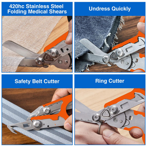 Gymsire folding trauma shears in use, demonstrating ring cutter and utility versatility.