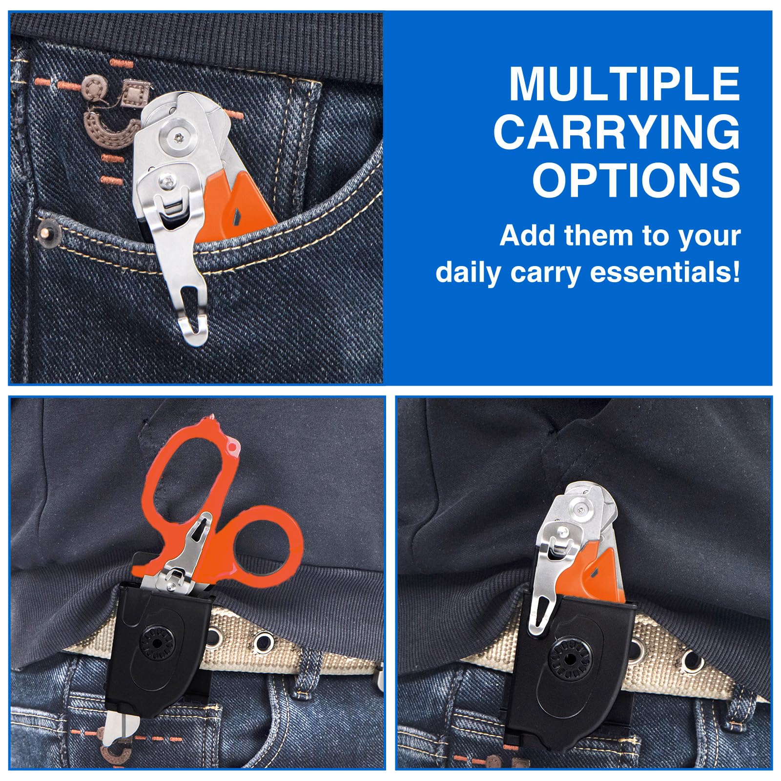 Gymsire portable emergency shears clipped to belt for quick access.
