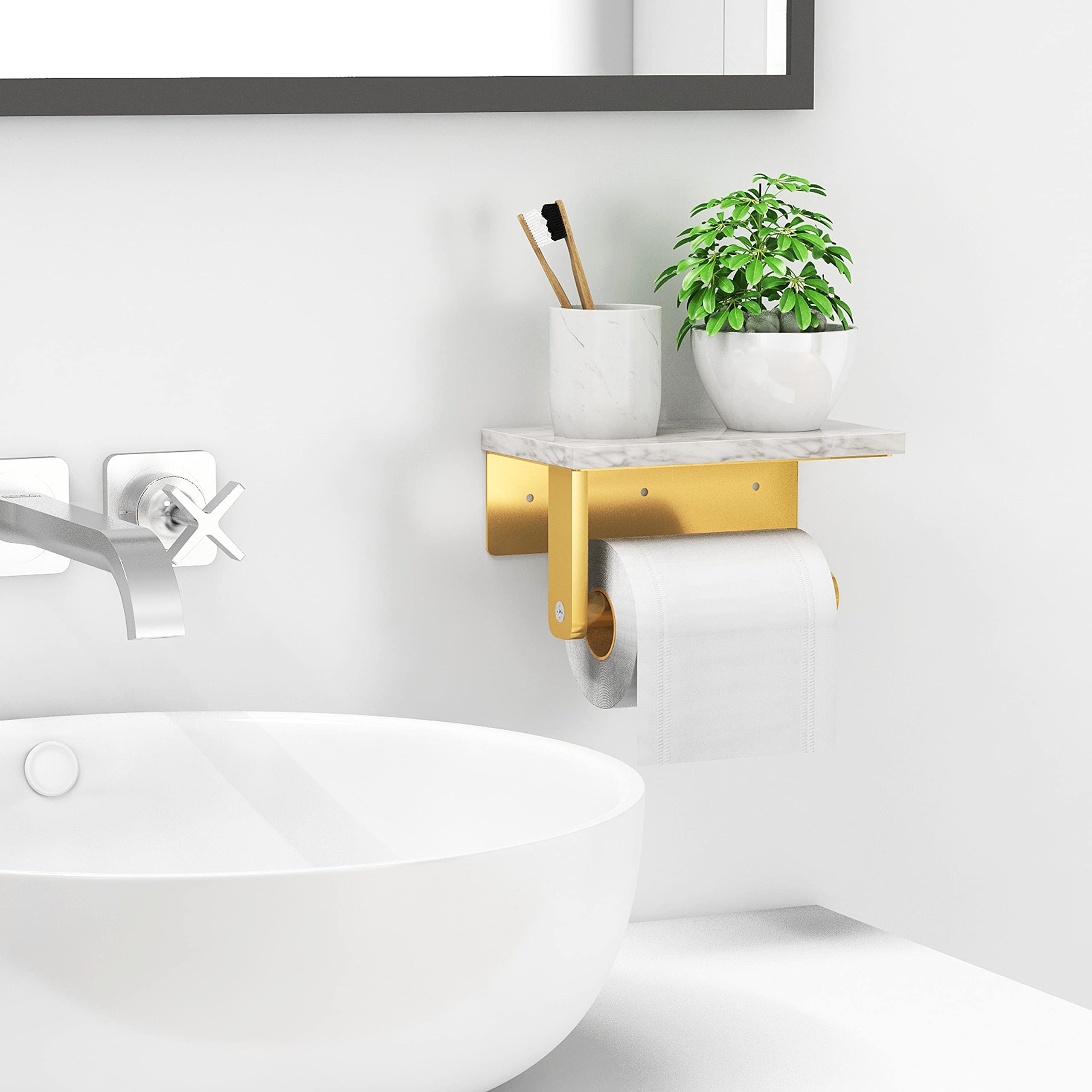 Gypie bathroom wall setup showing marble shelf and tissue holder in place.