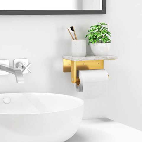 Gypie bathroom wall setup showing marble shelf and tissue holder in place.