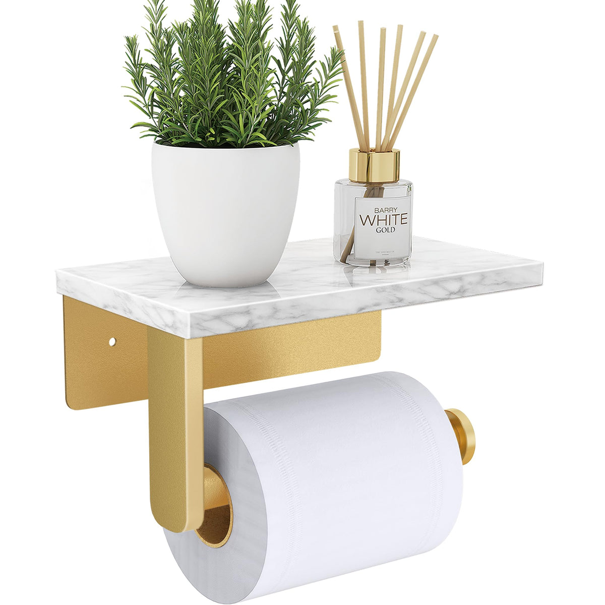 Gypie brushed gold toilet paper holder with marble shelf for stylish bathroom storage.