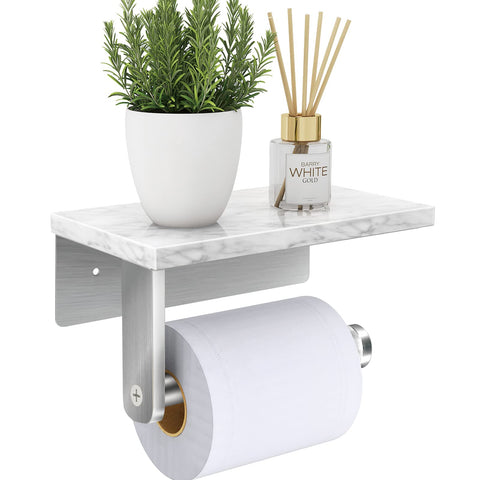 Gypie marble-shelf toilet paper holder in brushed nickel for stylish storage