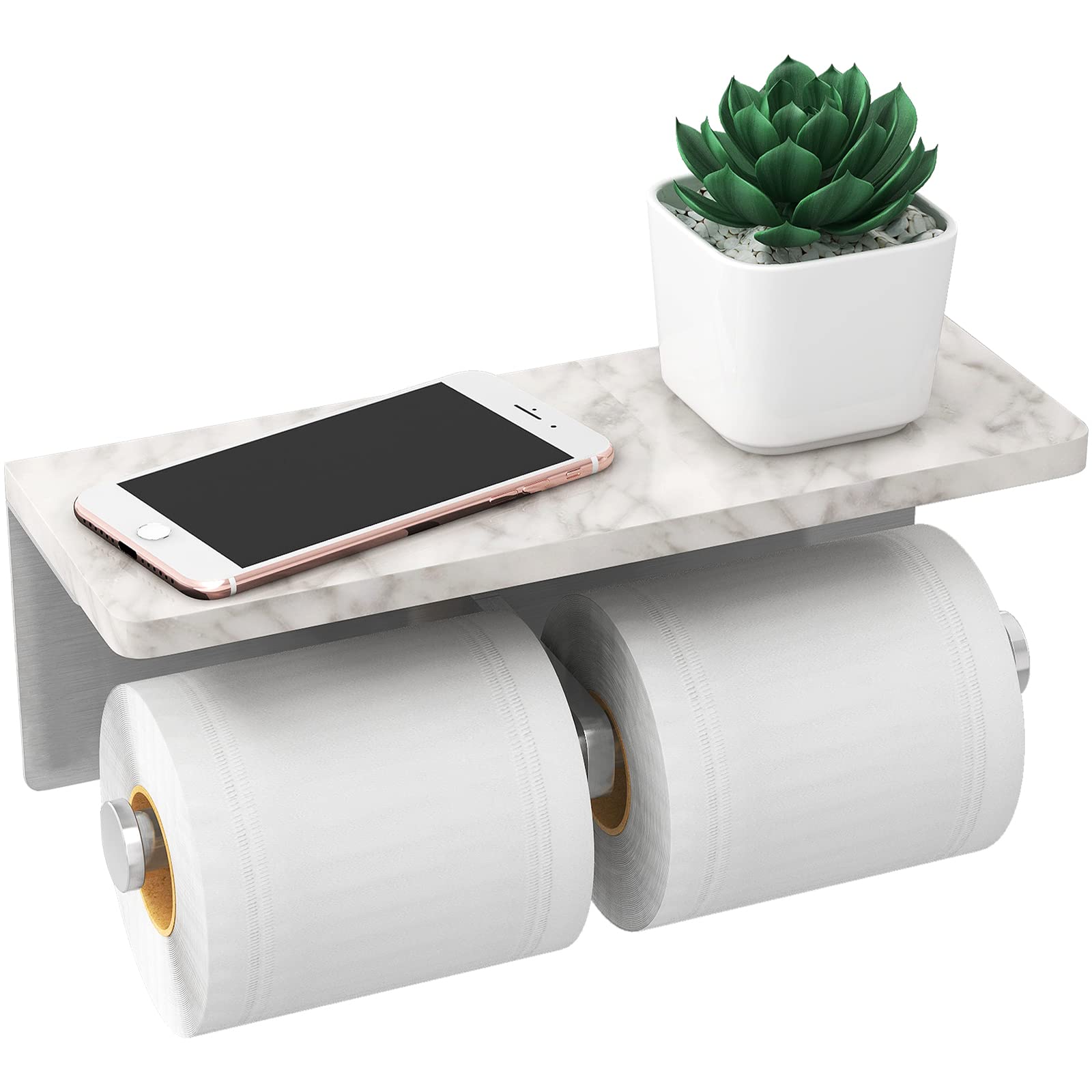 Gypie brushed nickel toilet paper holder with shelf for stylish bathroom storage.