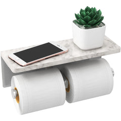 Gypie brushed nickel toilet paper holder with shelf for stylish bathroom storage.