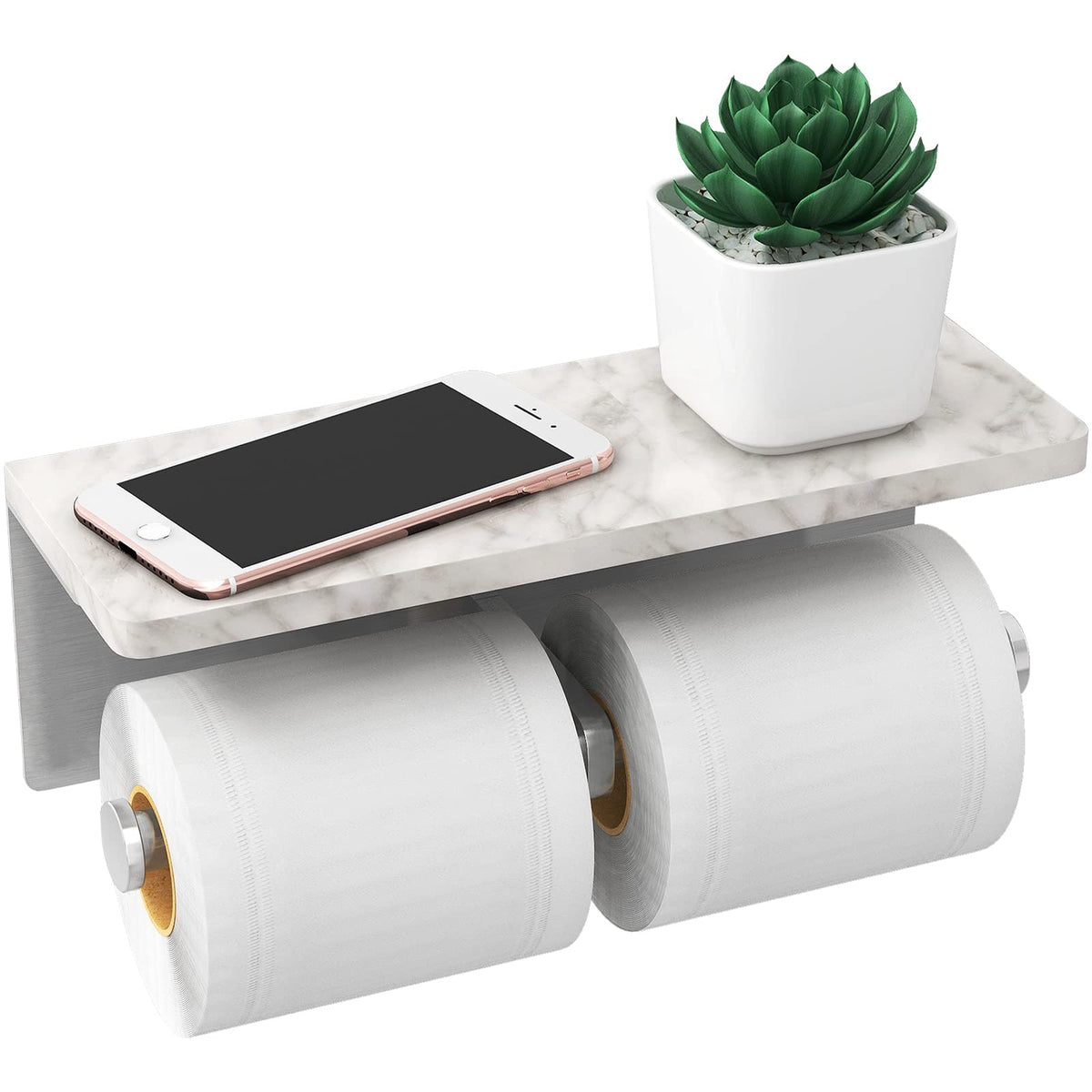 Gypie brushed nickel toilet paper holder with shelf for stylish bathroom storage.