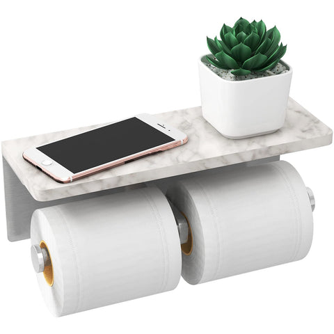 Gypie brushed nickel toilet paper holder with shelf for stylish bathroom storage.