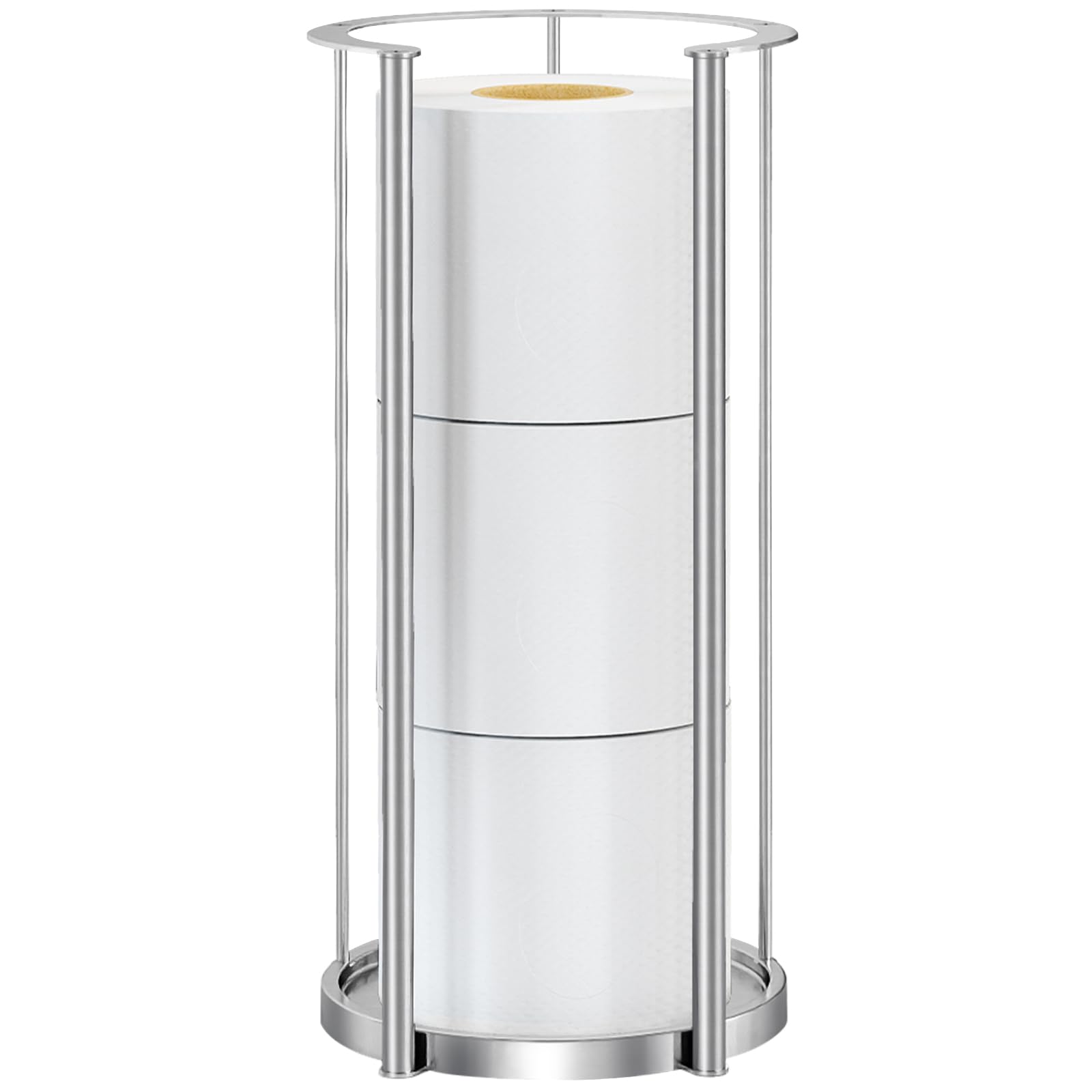 Gypie brushed-nickel toilet paper stand with 3-roll capacity for easy bathroom storage.