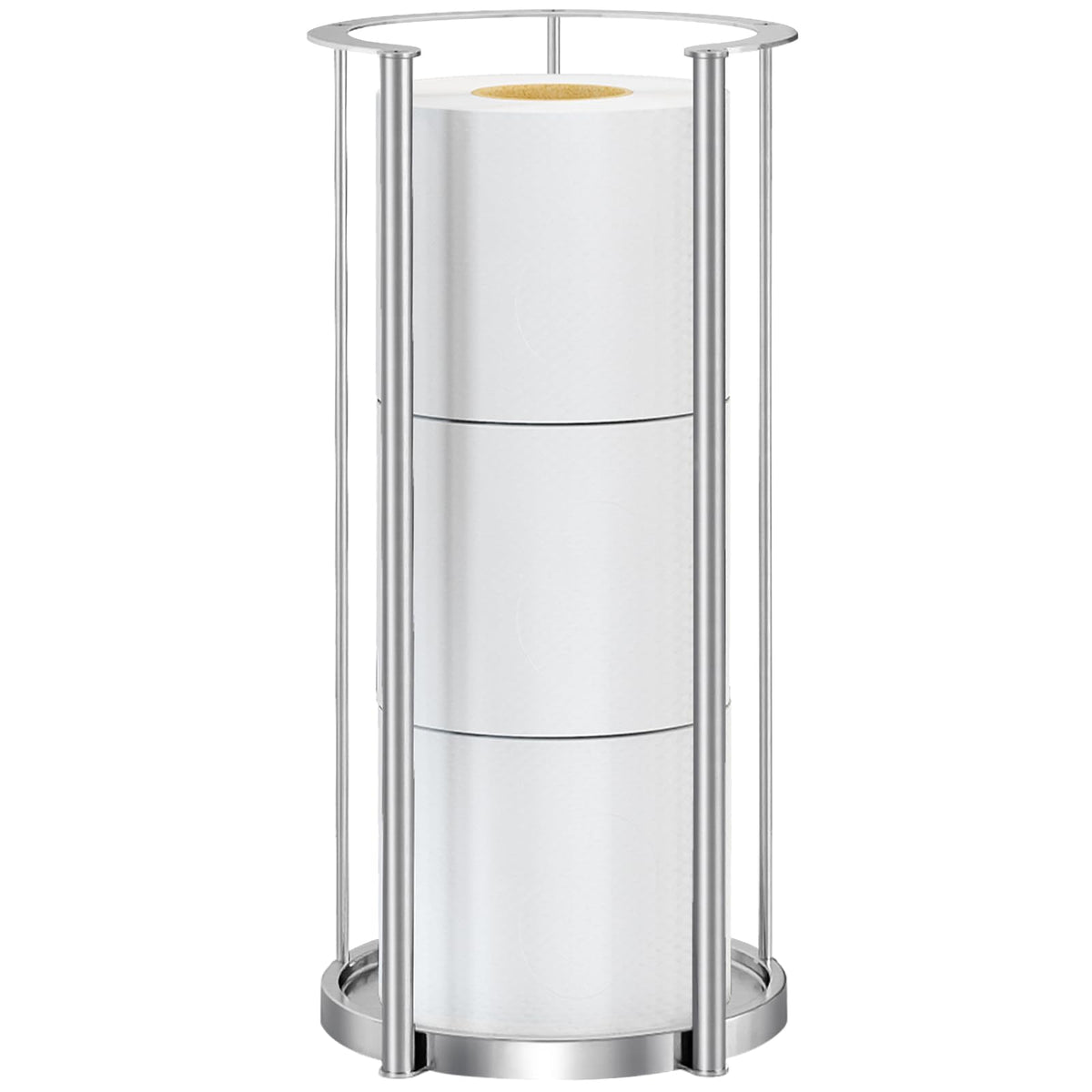 Gypie brushed-nickel toilet paper stand with 3-roll capacity for easy bathroom storage.