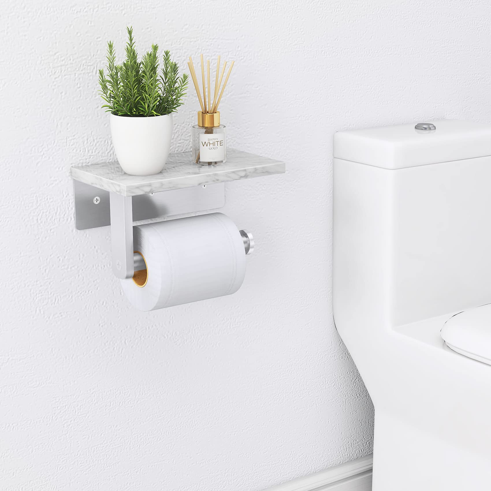 Gypie wall-mounted toilet paper holder with marble shelf in bathroom