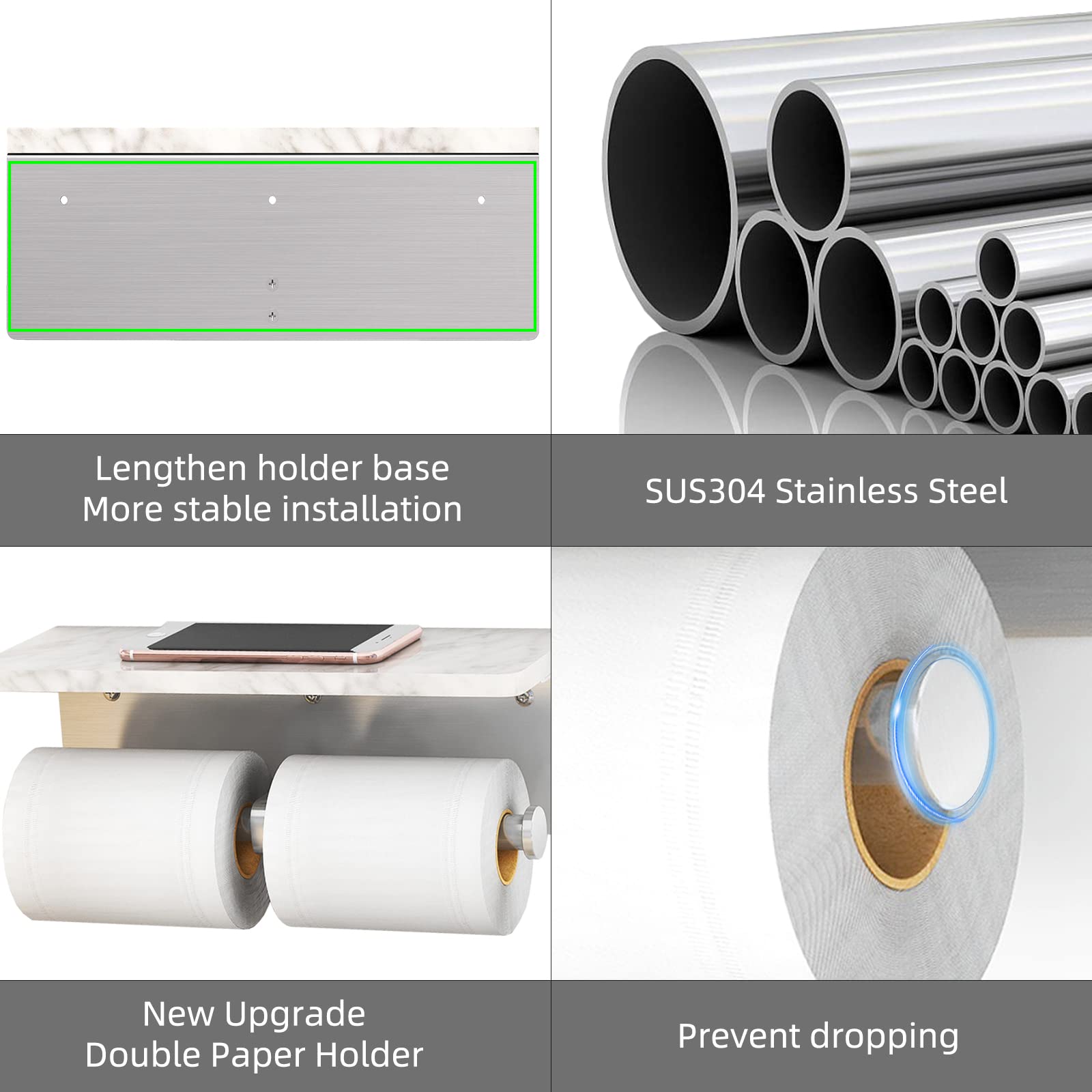 Gypie double-roll holder supports large toilet paper rolls securely.