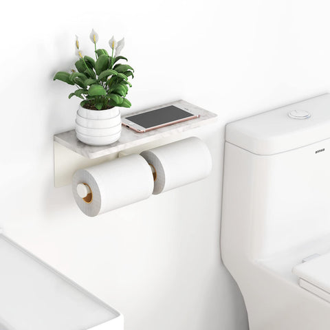 Gypie double toilet paper holder with storage keeps rolls and essentials within reach.