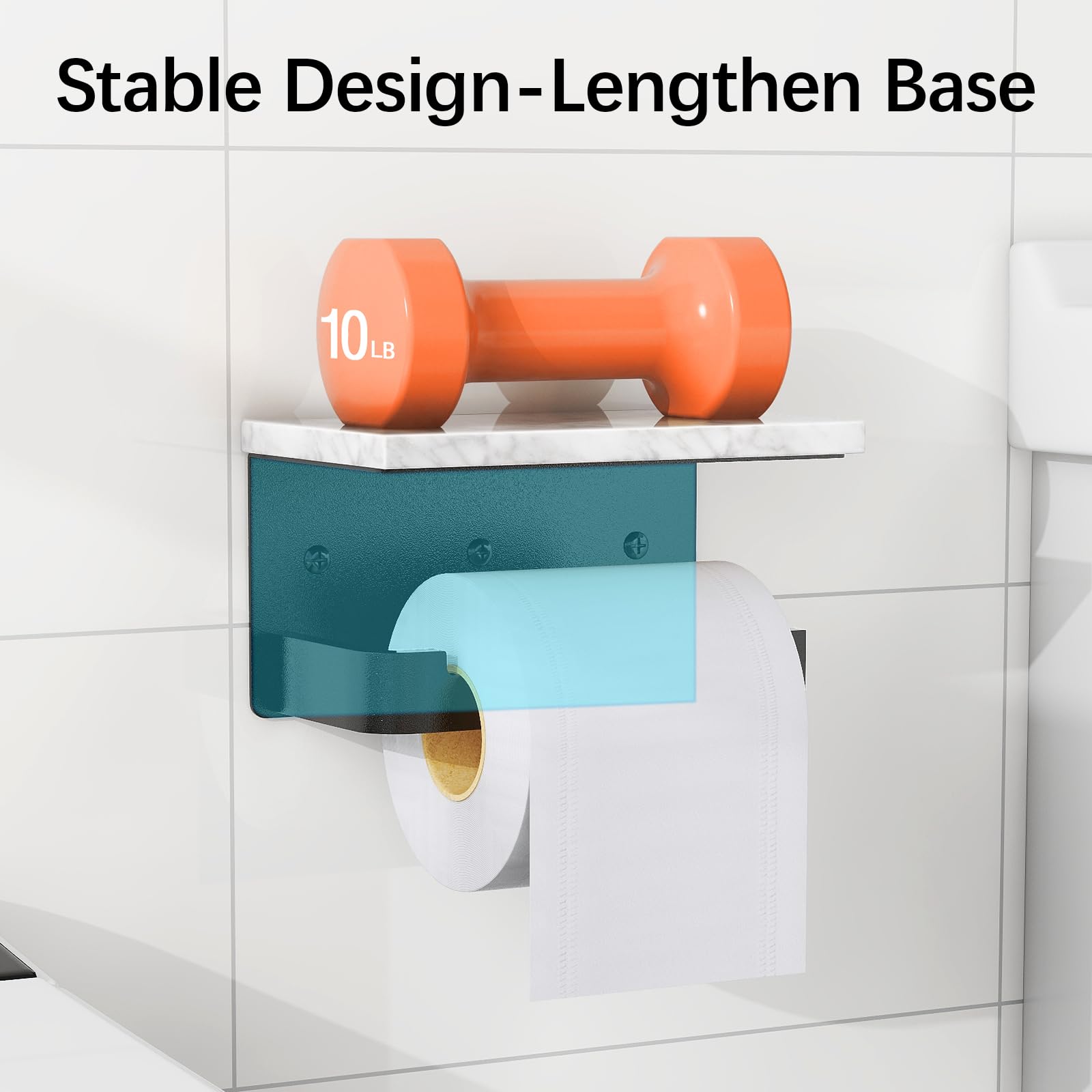 Gypie extended-base holder in matte black supports large toilet paper rolls securely.